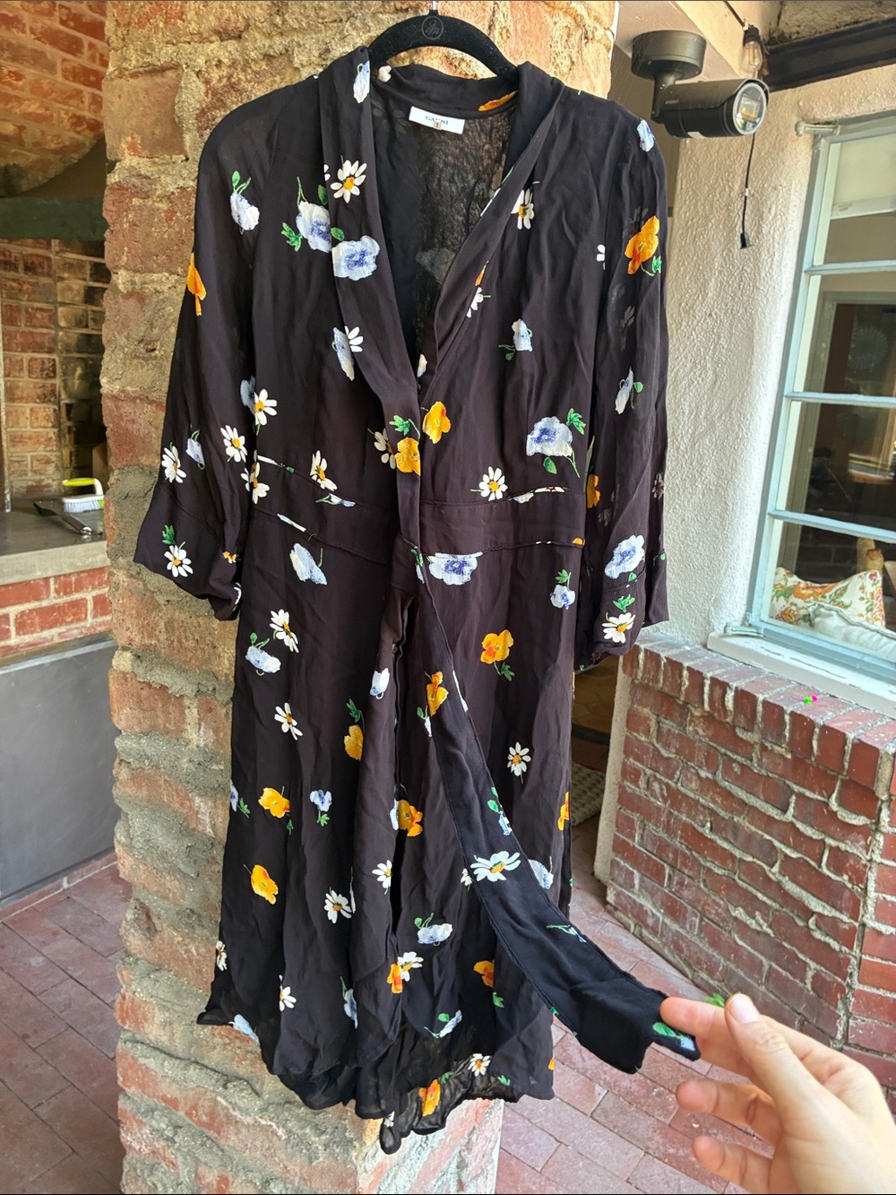 Ganni Black Midi Wrap Dress with Yellow, White & Light Blue Florals